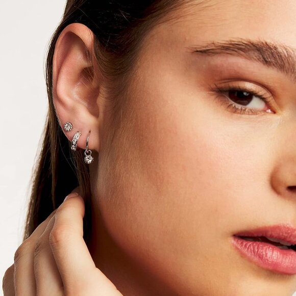 Men's Silver Tone Crystal Huggie Hoop Earrings Hypoallergenic Brass Jewelry - Picture 3 of 6